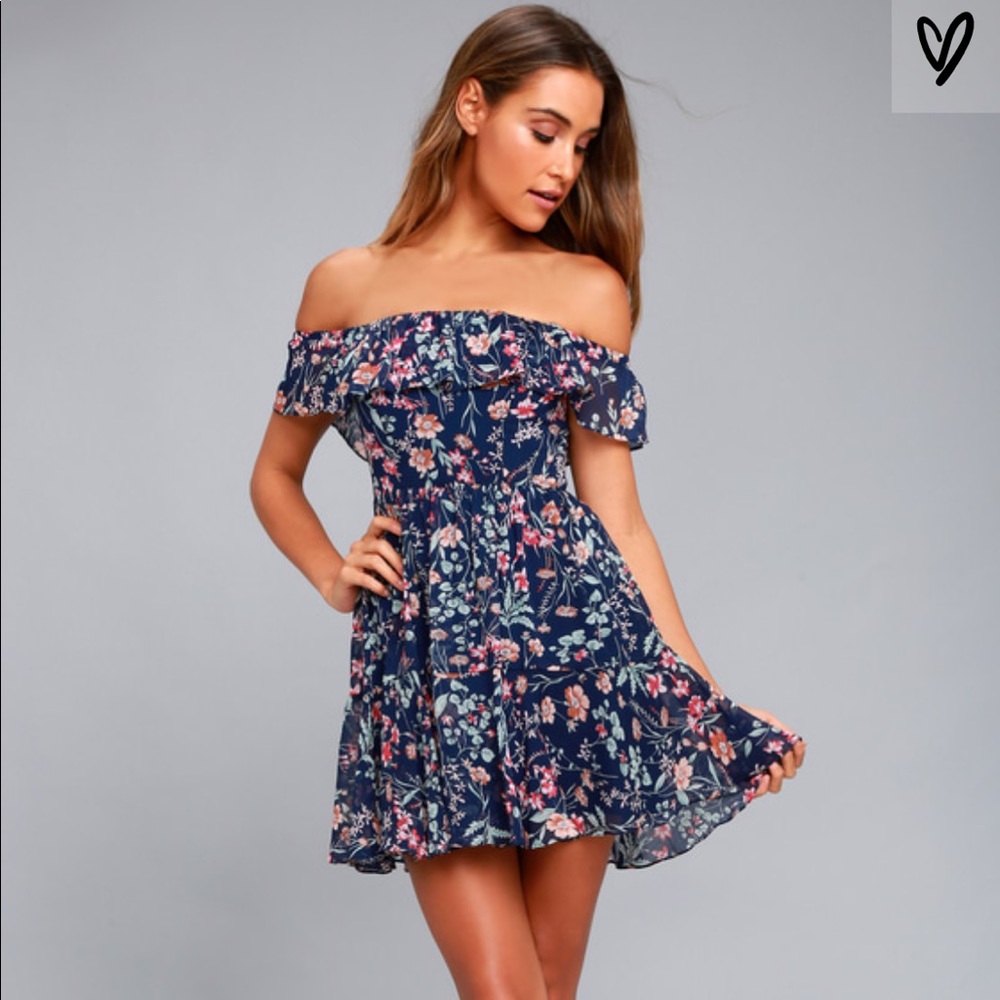 Lulus’s Navy Floral Print Off-the-Shoulder Dress